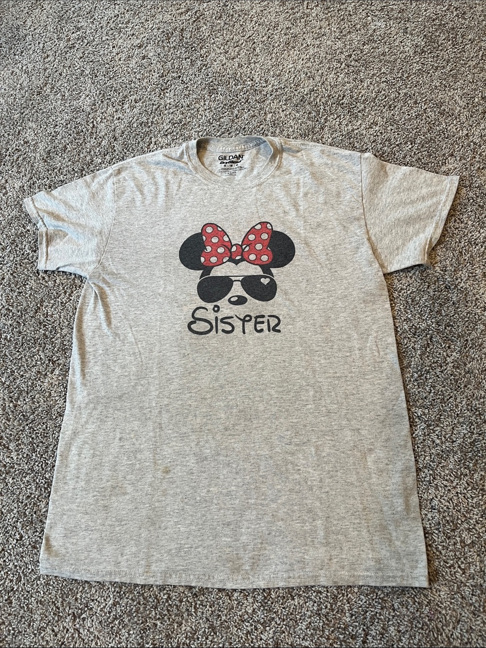 Gildan Gray Graphic Tee with Red Polka Dot Bow